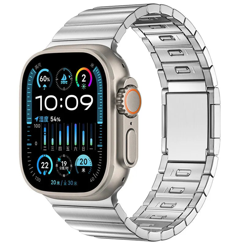 Stainless steel Apple Watch strap with magnetic buckle in silver colour showing business style design