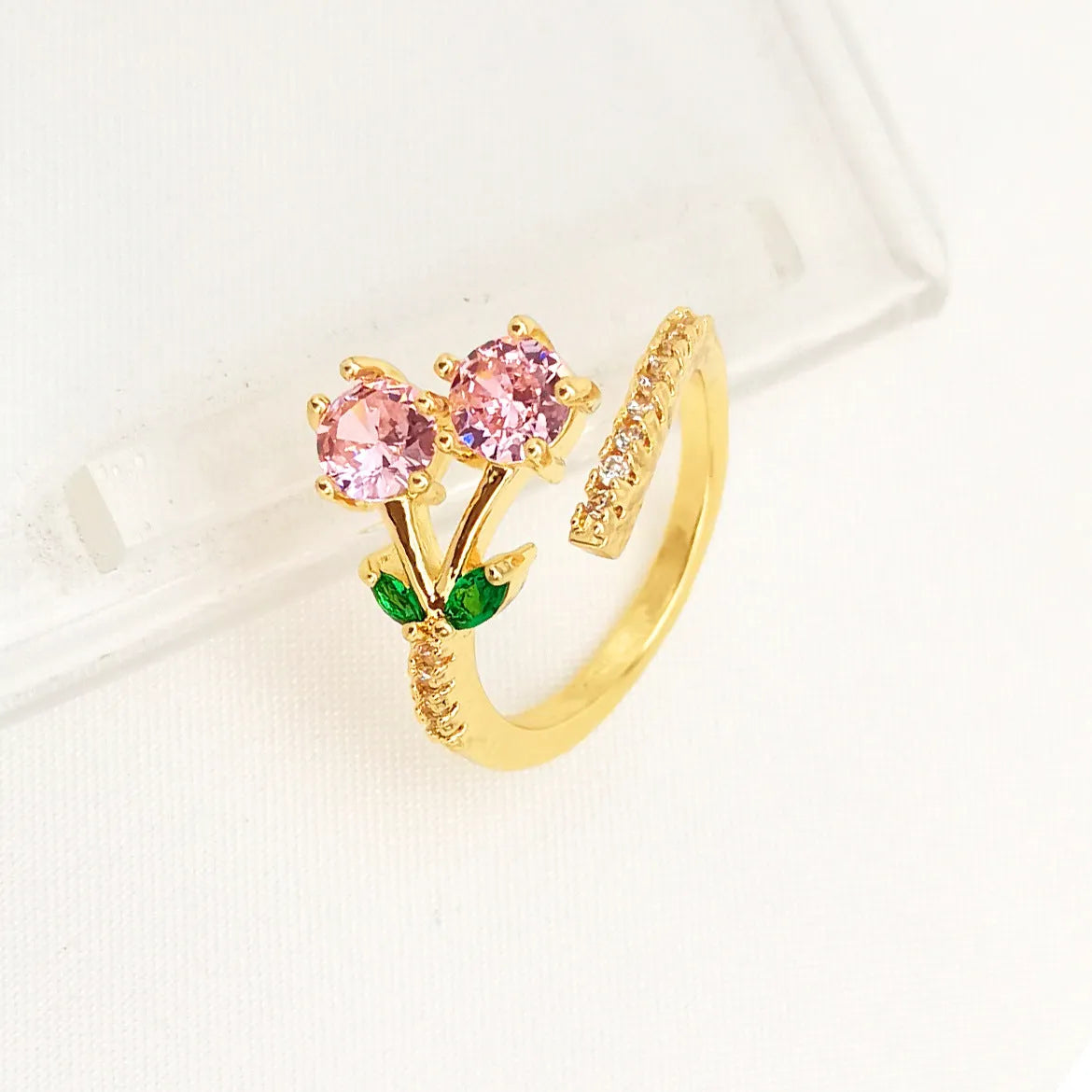Copper gold plated adjustable ring with micro inlaid leaf design or pink geometric pattern