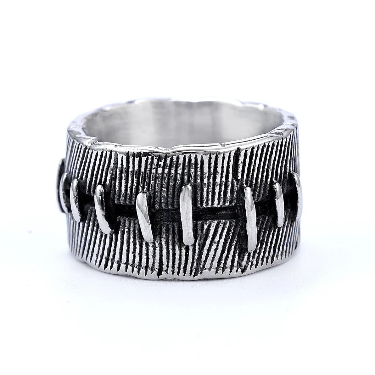 Dark punk style titanium steel ring with stitched geometric U-shape double ring design in retro colour.