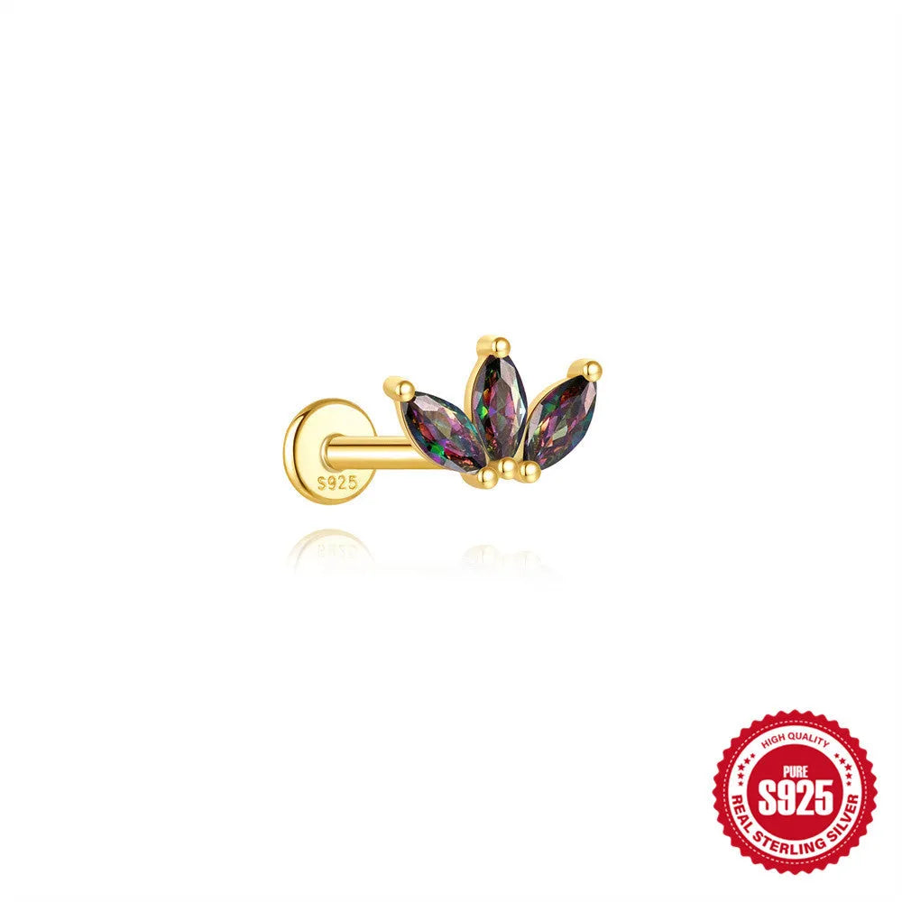 S925 sterling silver flat head thread piercing with a shiny rainbow stone in a gold setting.