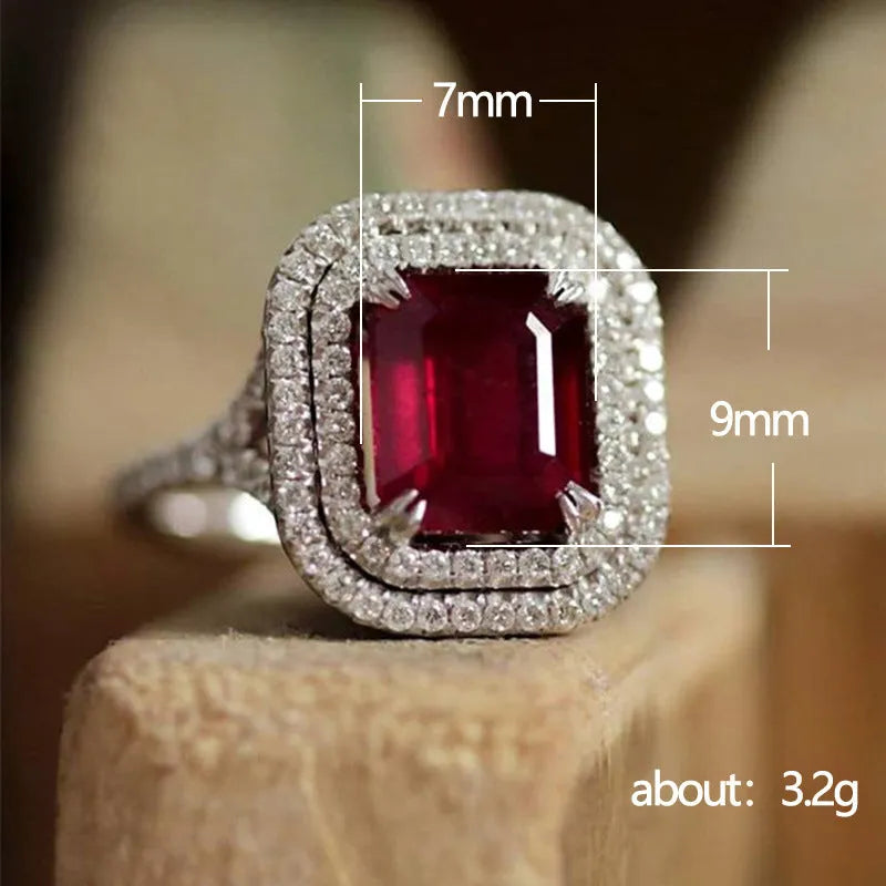 Copper square ring with red rhinestones in geometric princess cut design