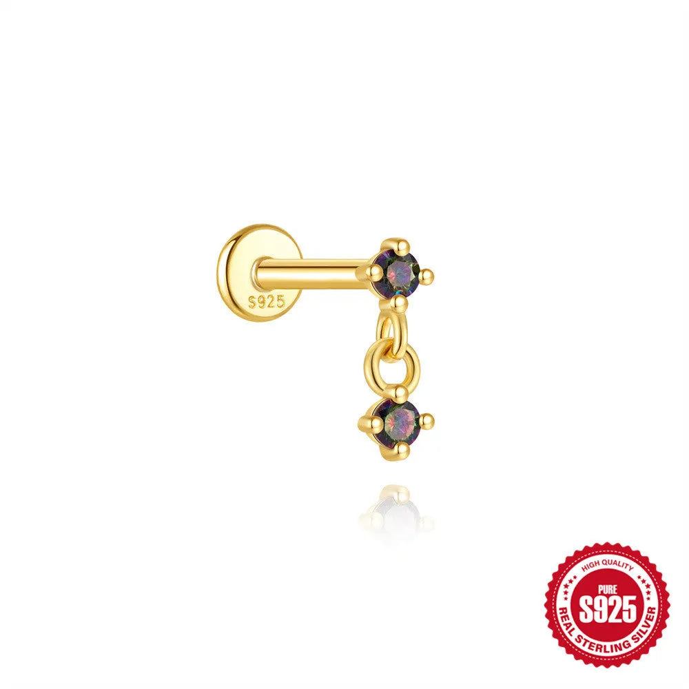 S925 sterling silver flat head thread piercing with a shiny rainbow stone in a gold setting.
