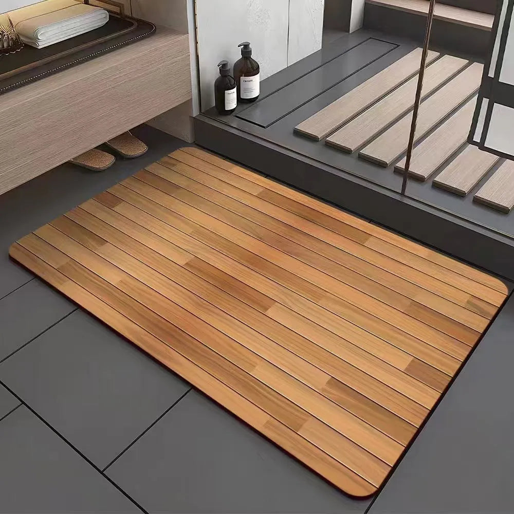 Square diatomite bathroom floor mat with geometric wood grain pattern, shown in a washroom setting.