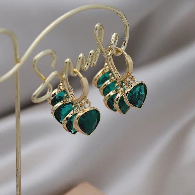 Green heart-shaped glass pendant clip-on earrings with Korean style design and artificial gemstone detailing