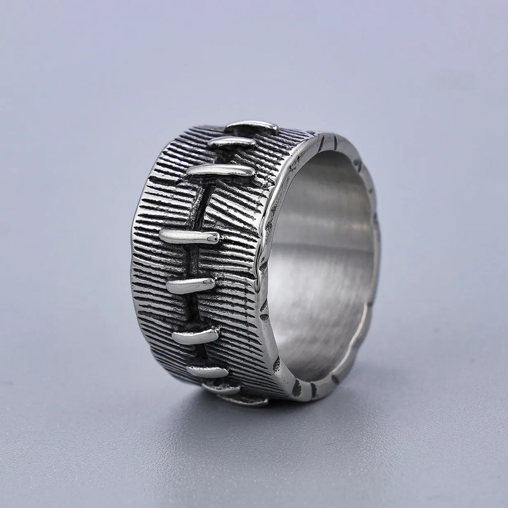 Dark punk style titanium steel ring with stitched geometric U-shape double ring design in retro colour.