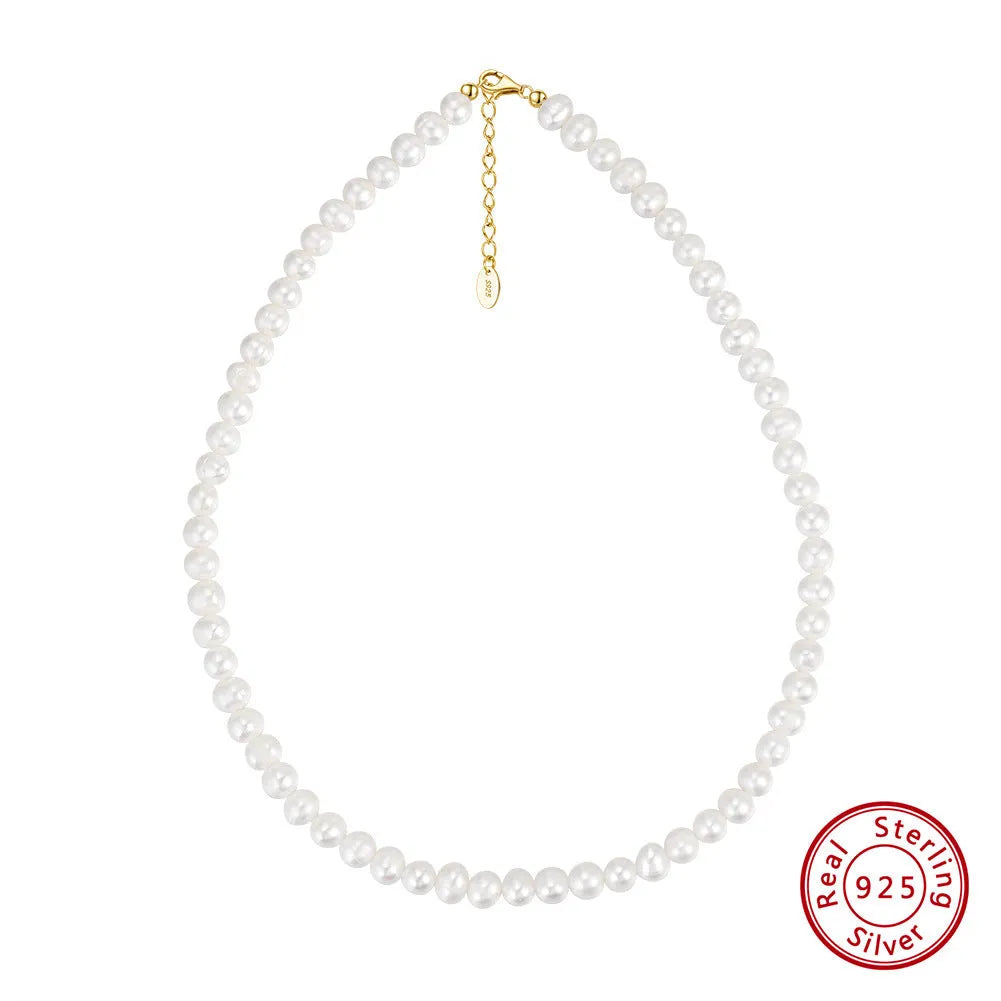 Women's adjustable natural freshwater pearl necklace with 925 sterling silver electroplating