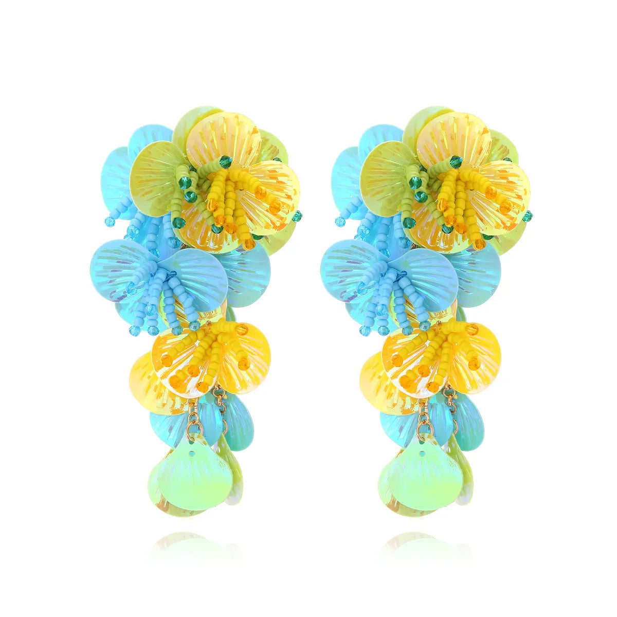 Handmade colourful bead string flower earrings with exaggerated dopamine design