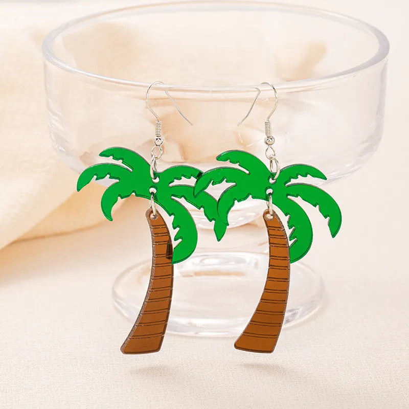 Acrylic drop earrings with a carved coconut and jackfruit design on a metal hook, shown in multiple colour variants.
