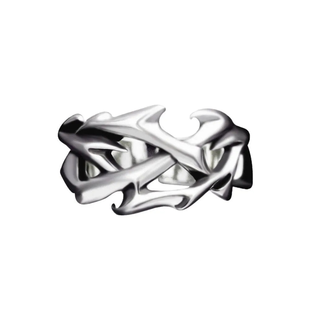 Geometric copper ring with thorn and flower design featuring adjustable opening