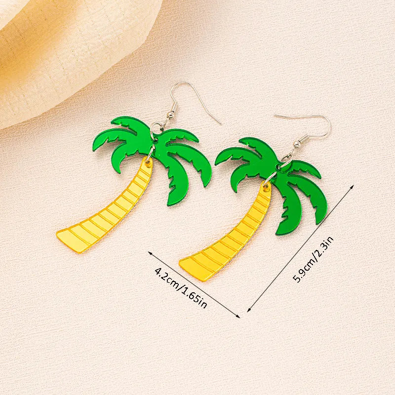 Acrylic drop earrings with a carved coconut and jackfruit design on a metal hook, shown in multiple colour variants.