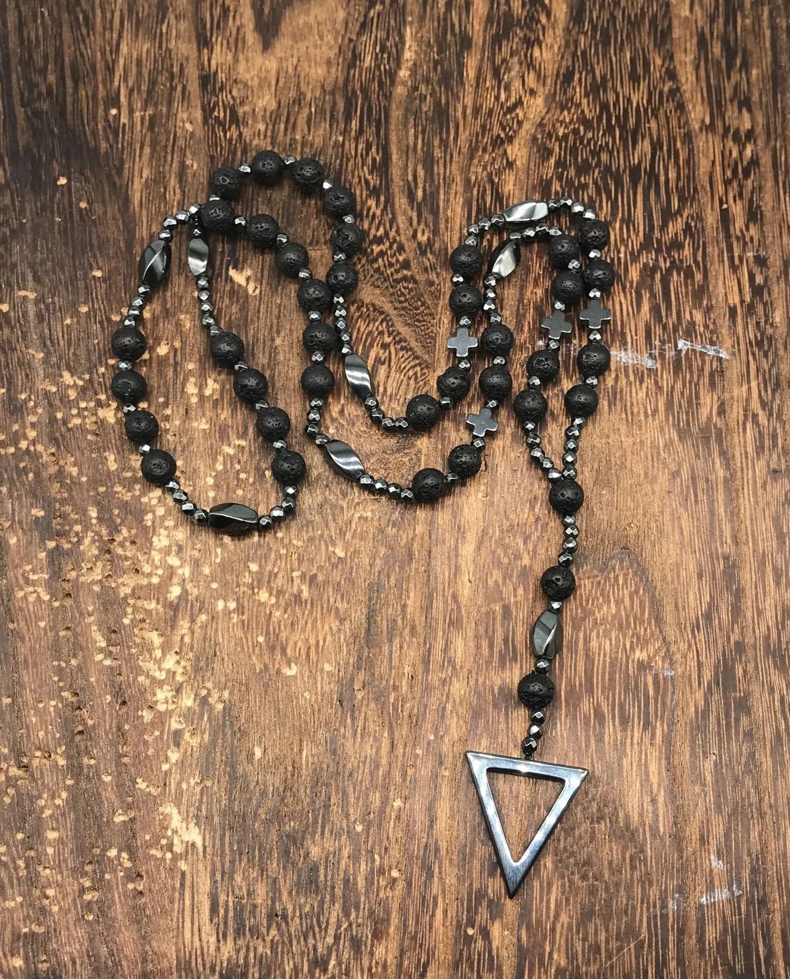 Men's stone geometric cross pendant necklace on an 80cm ball bead chain