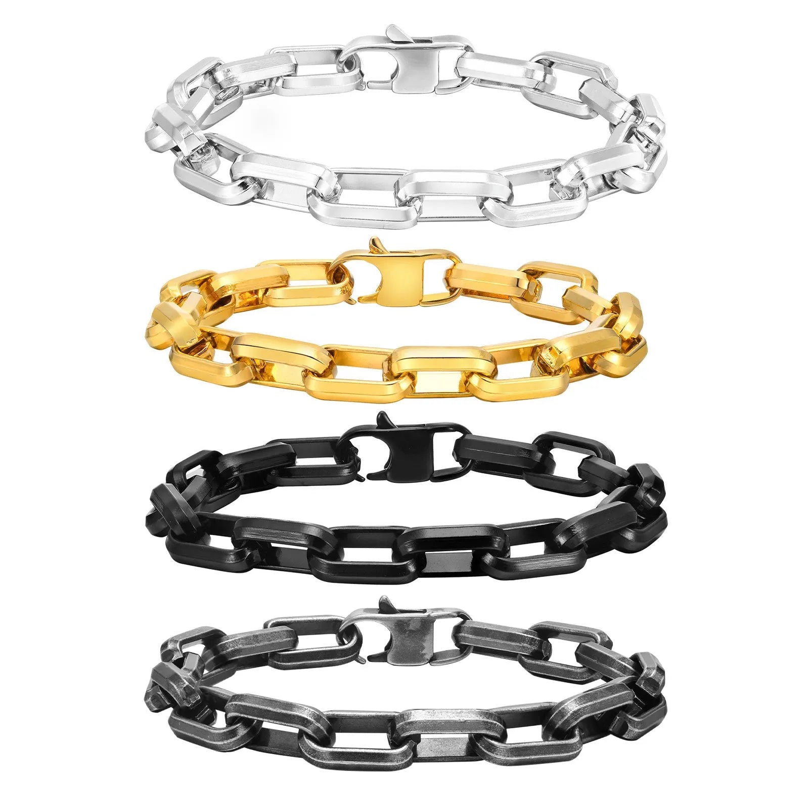 Men's titanium steel bracelet with square chain links in steel, gold, black, or retro colour.