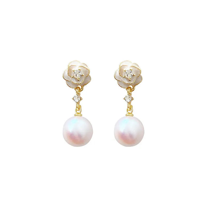 Camellia flower stud earrings for women with alloy blossom design
