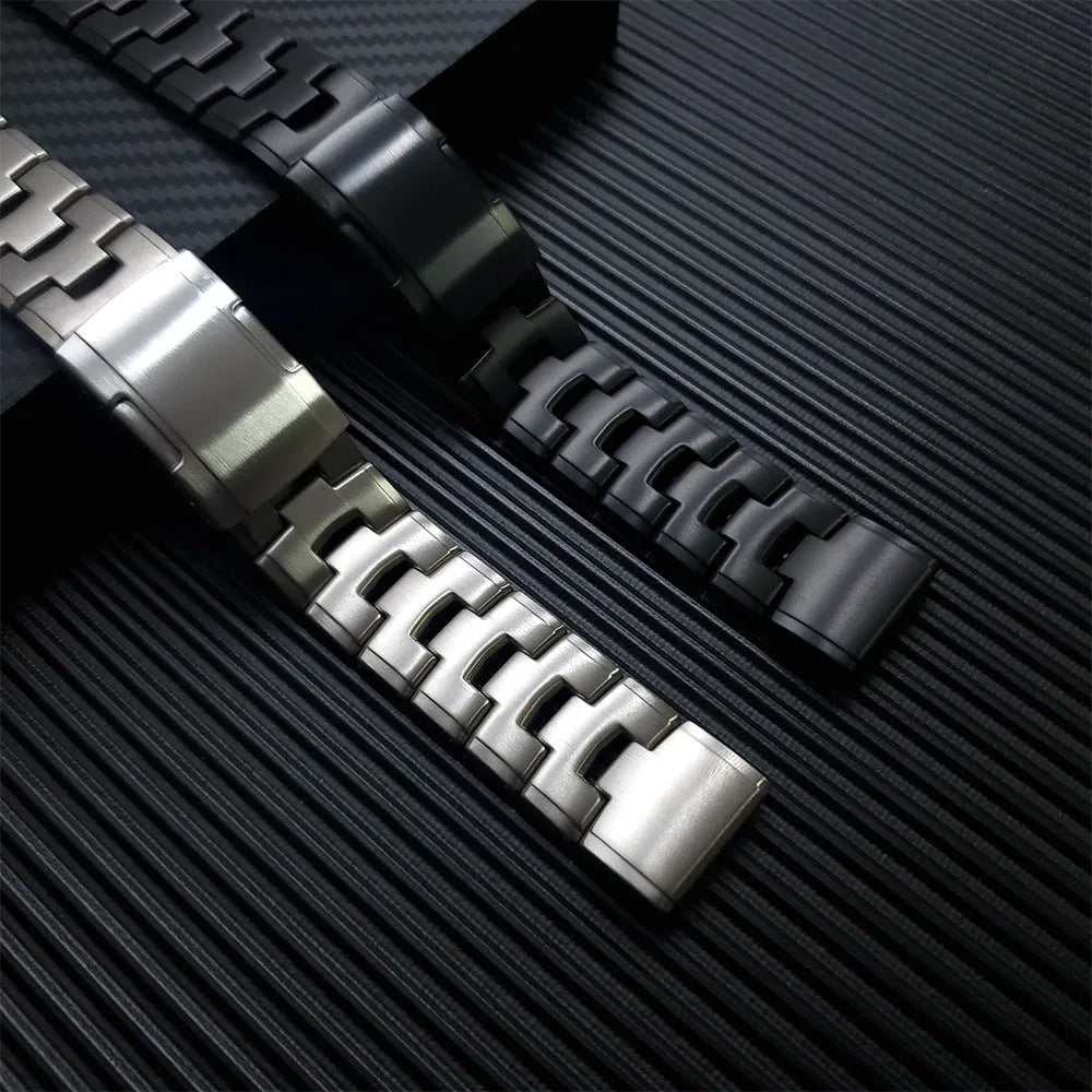 Garmin Jiaming Fenix compatible metal watch strap in black, silver, and titanium colours showing 22mm and 26mm width options