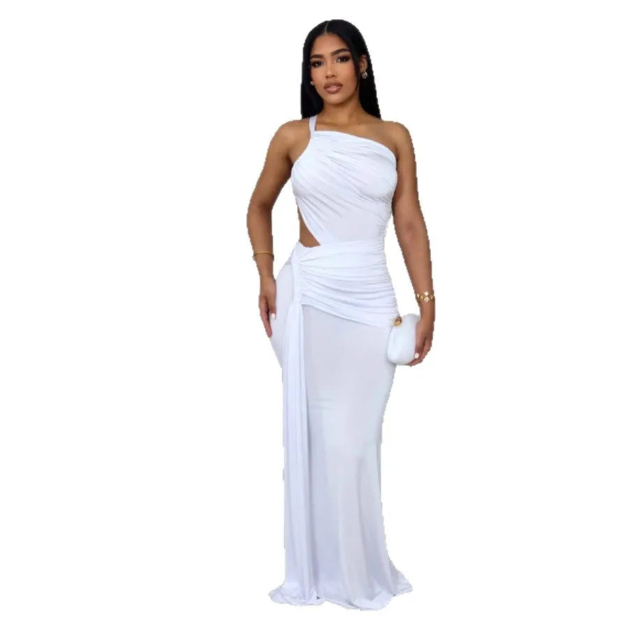 Women's one shoulder pleated dress in solid colour with asymmetric neckline