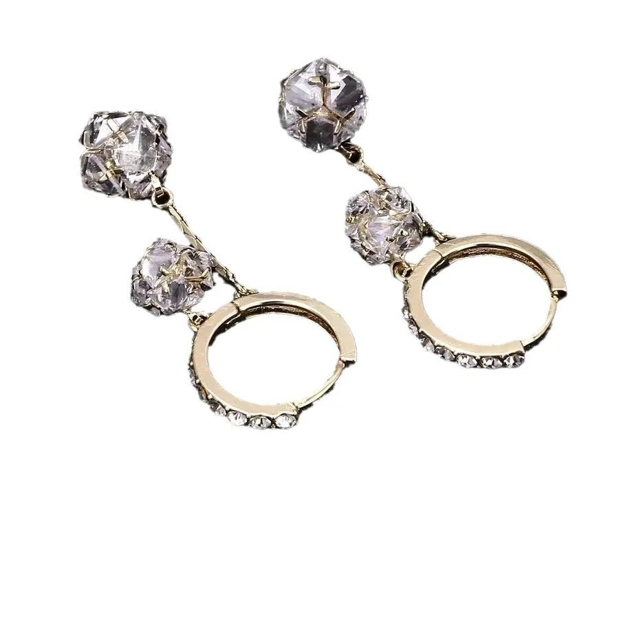 Women's confession balloon earrings with tassel and rhinestone ball pendants in silver colour
