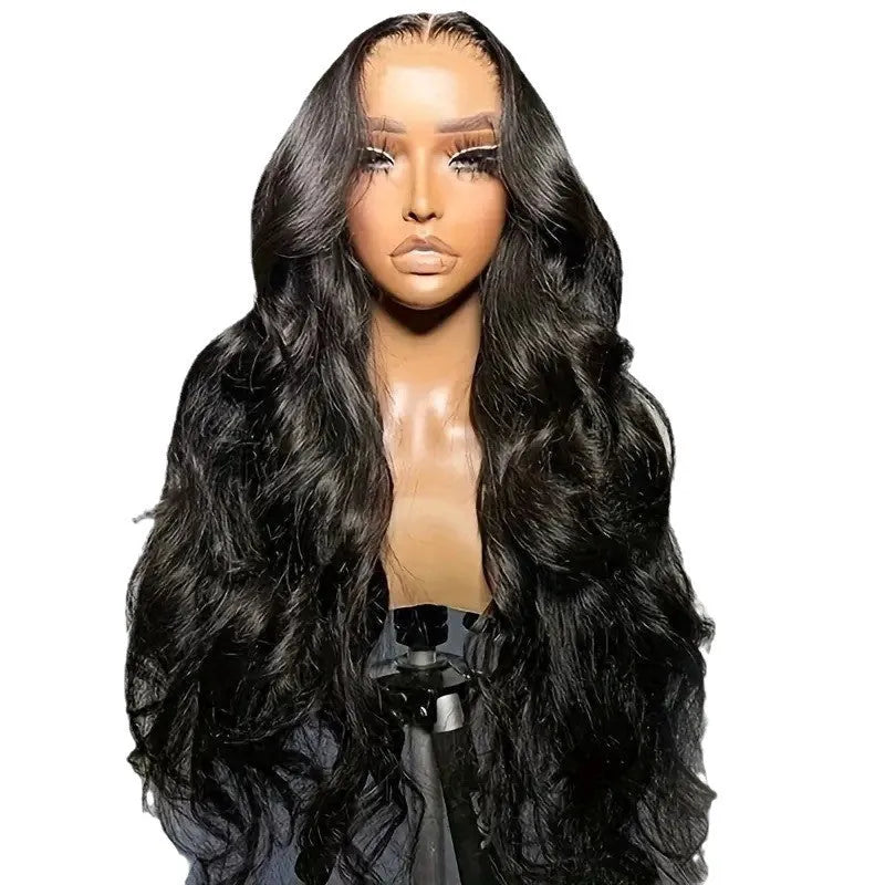 Black synthetic ladies wig with big wave hairstyle and lace front, shown on a mannequin head