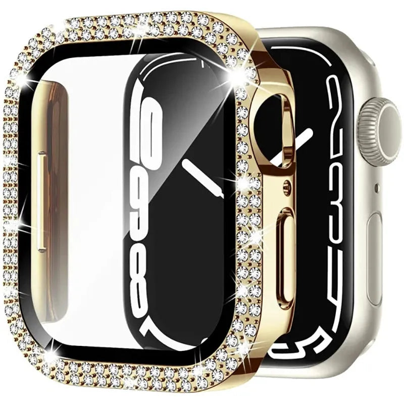 Apple Watch case with double diamond glass in rose pink, gold, and silver colour options on a table.
