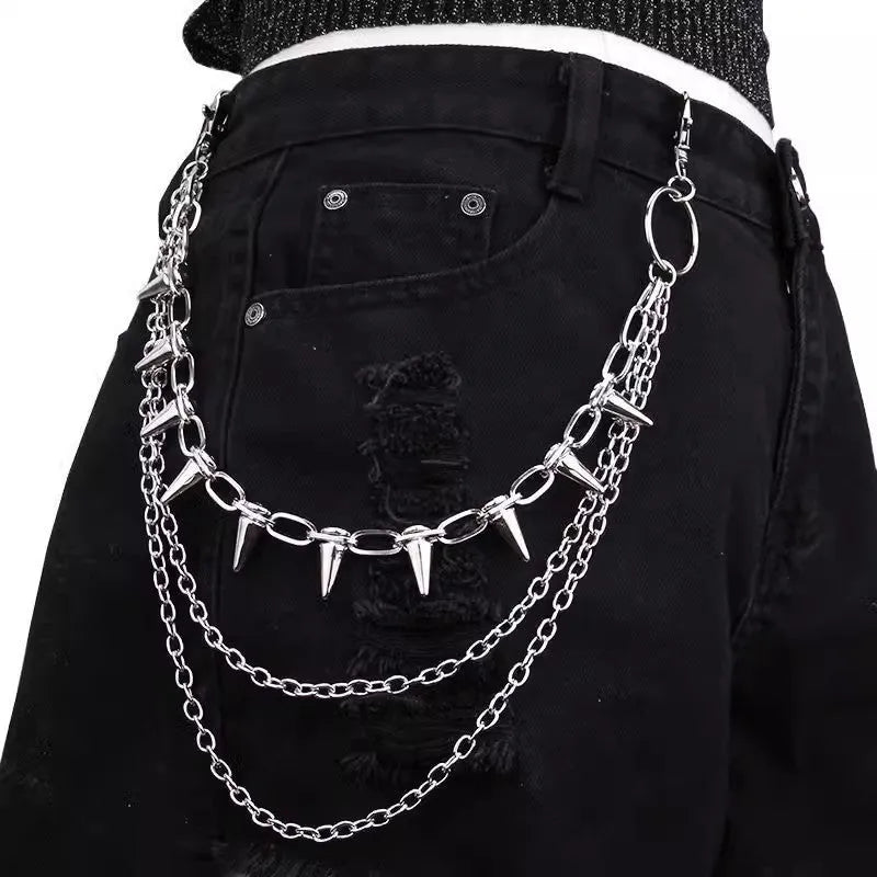 Silver metal double layer pants chain with rivet details and a zipper pendant ornament.
