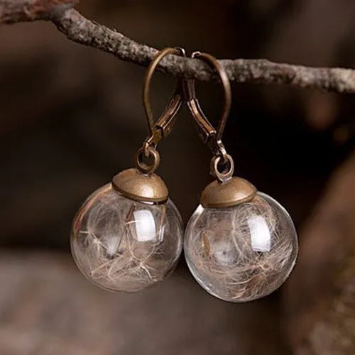 Transparent glass ball earrings with dandelion seed design on silver French hooks