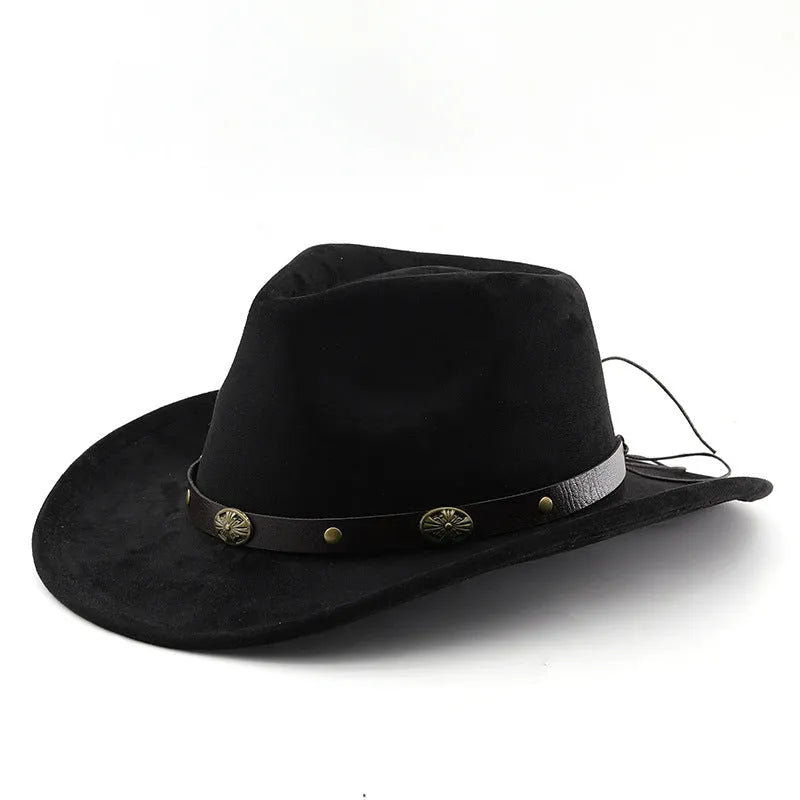 Brown leather velvet cowboy hat with a curved edge and conical crown on a plain background.