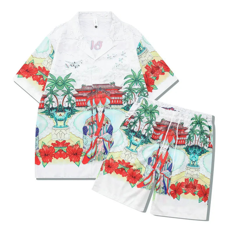 Plaid print beach short sleeve shirt and pants outfit set in European American style