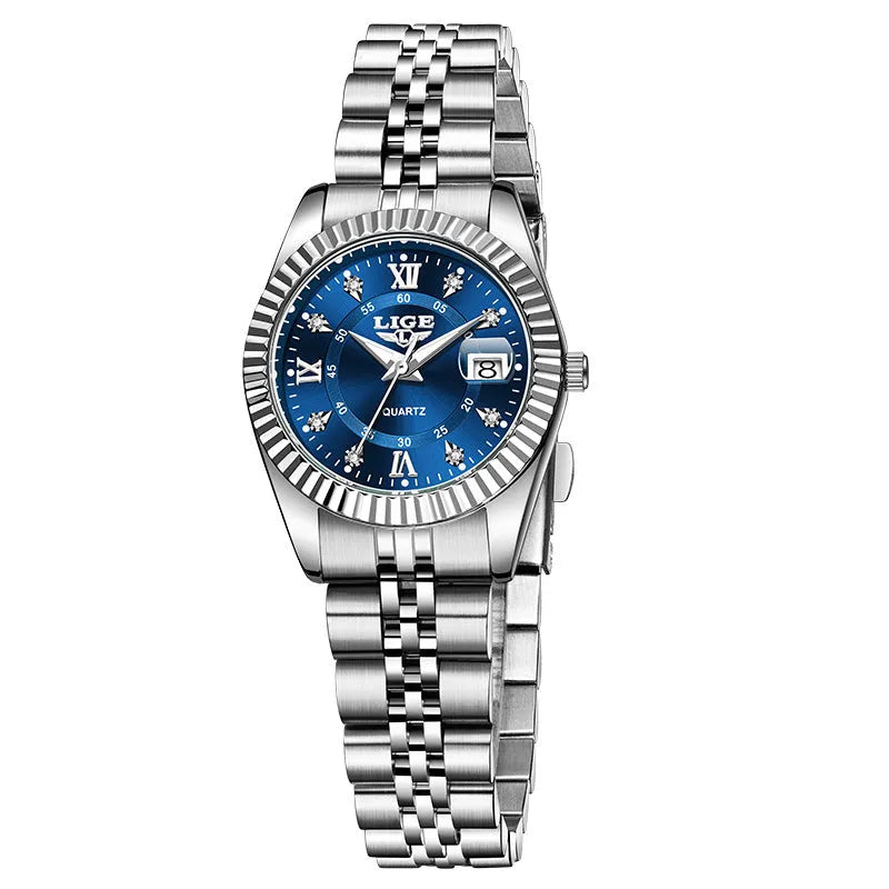 Women's waterproof quartz watch with stainless steel case in gold and silver colour variations