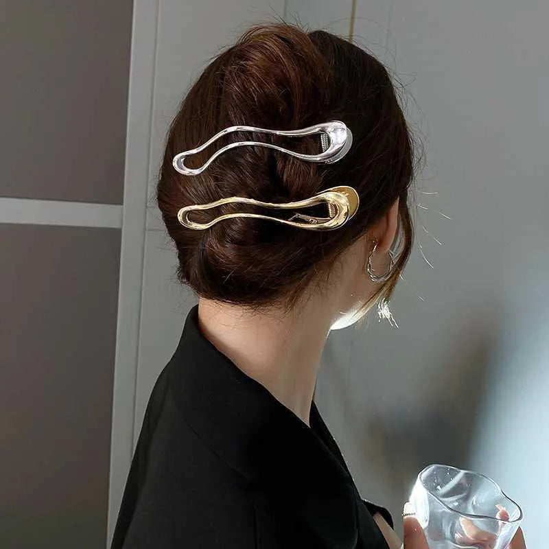 Women's zinc alloy hair barrettes in gold and silver square, arc and triangle shapes