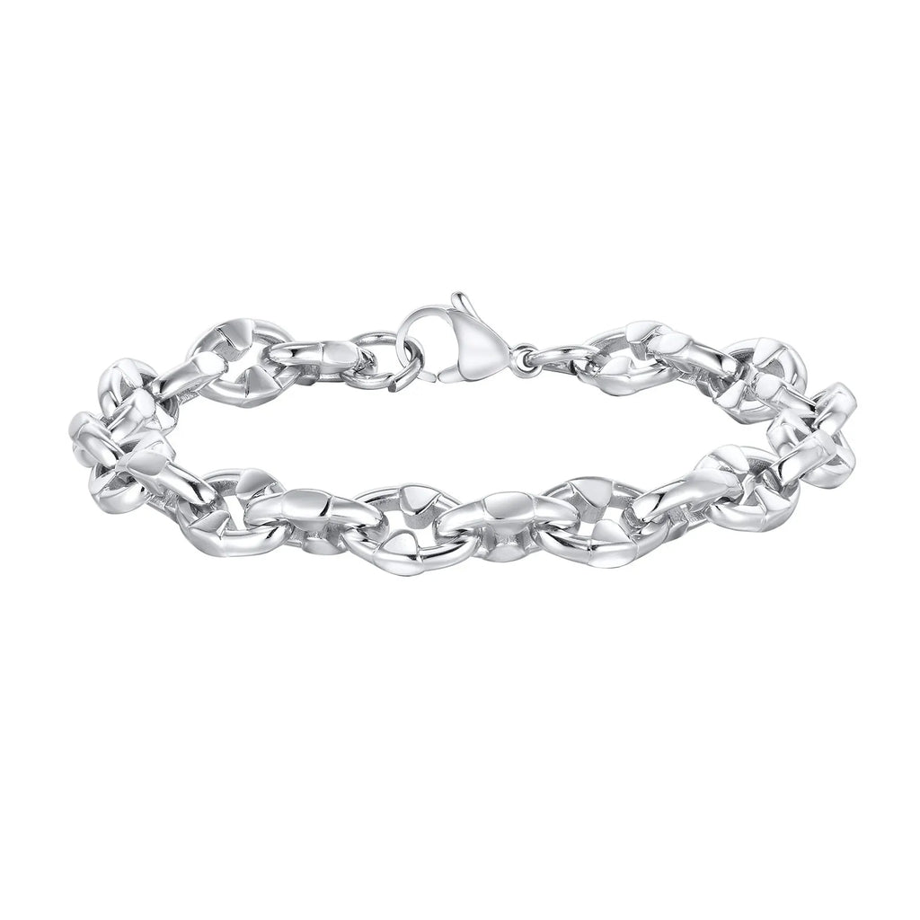 Handmade stainless steel thick geometric chain bracelet in steel colour.