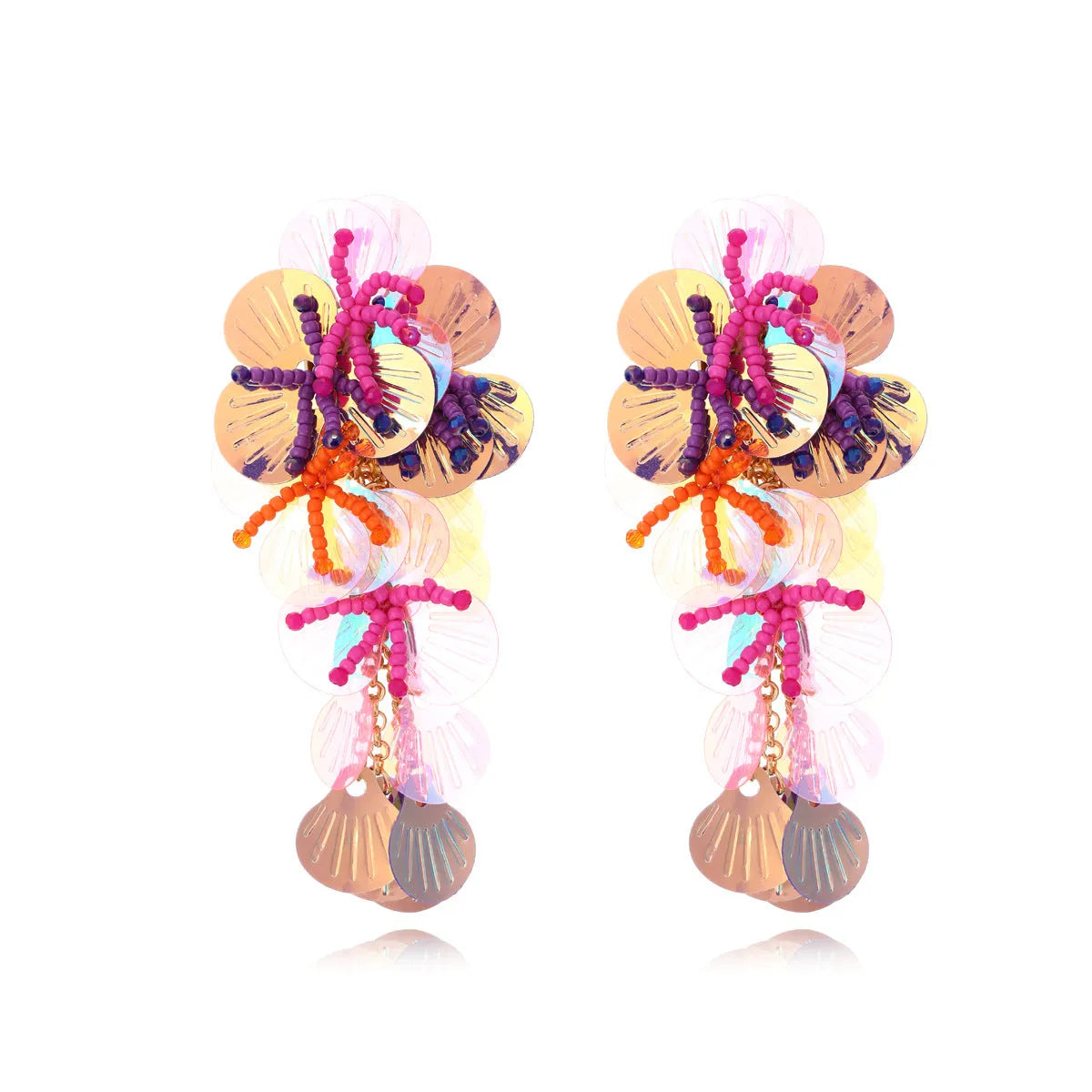 Handmade colourful bead string flower earrings with exaggerated dopamine design