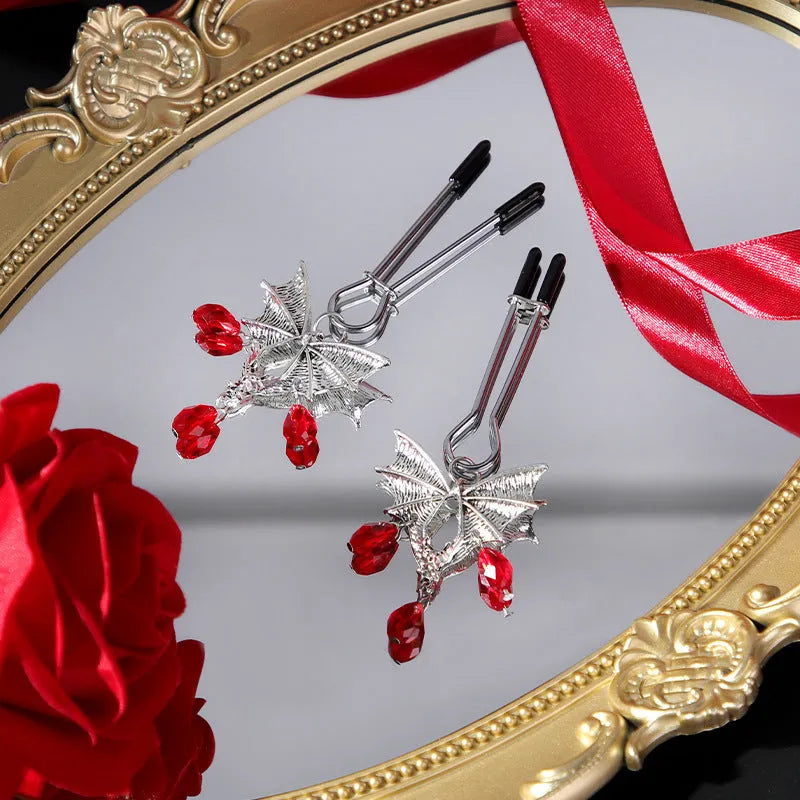Silver alloy diamond bat nipple clamp with ruby bat clip design for adjustable stimulation
