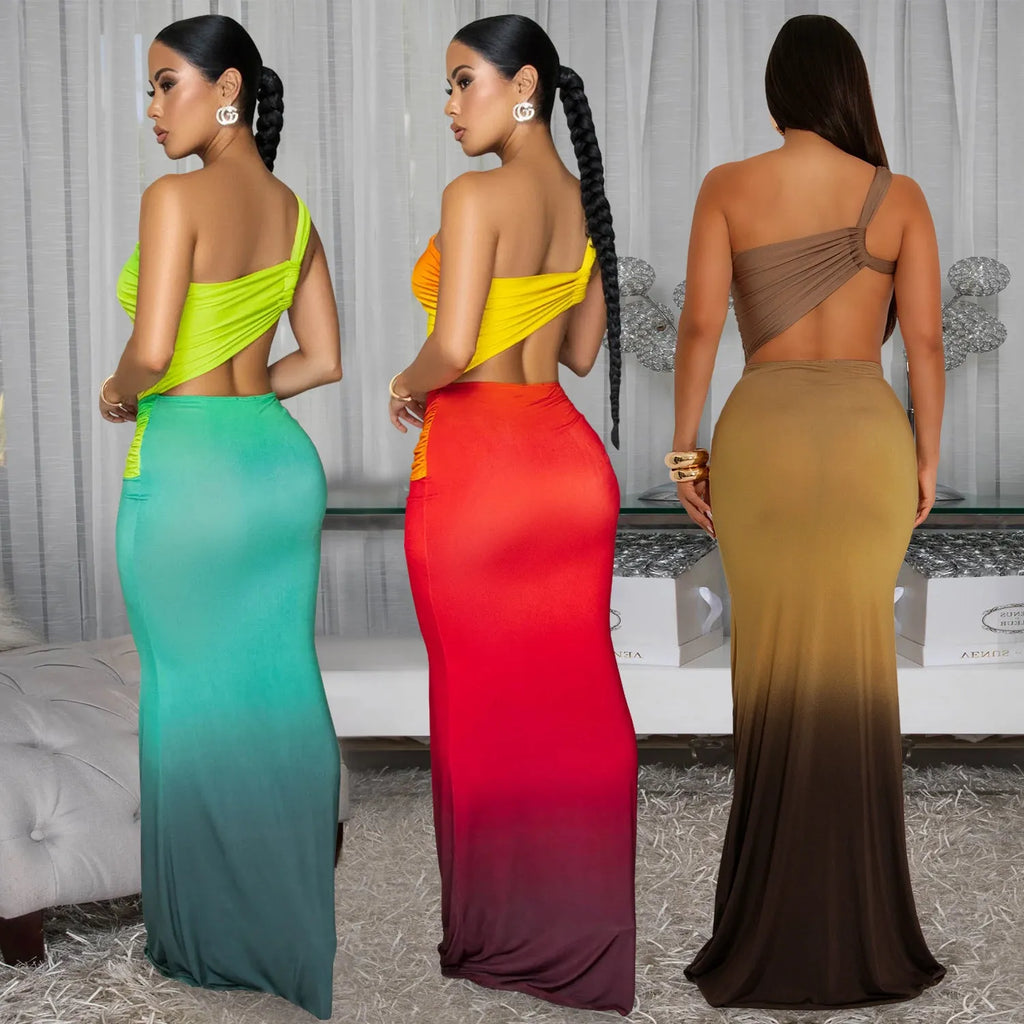 Women's long gradient colour dress with cross-shoulder sleeveless design and a high-waisted one-step skirt.