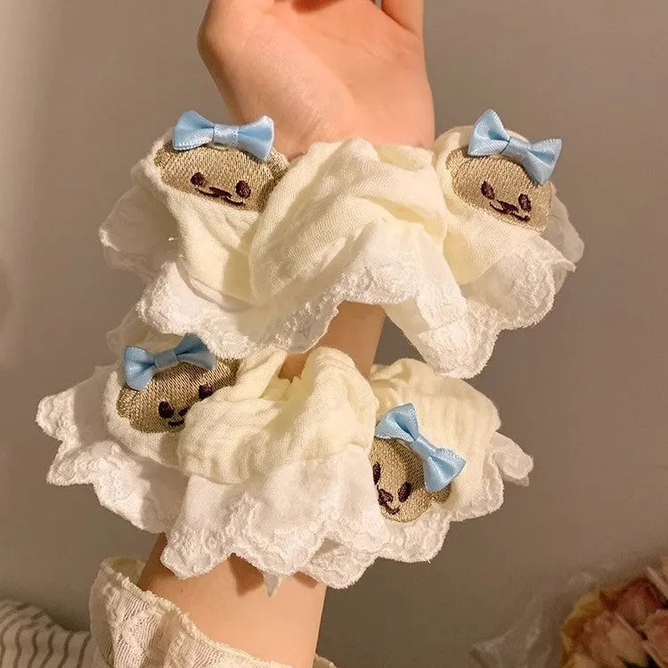Blue bow lace large intestine hair ring with bear charm decoration, polyester elastic scrunchie for thick hair