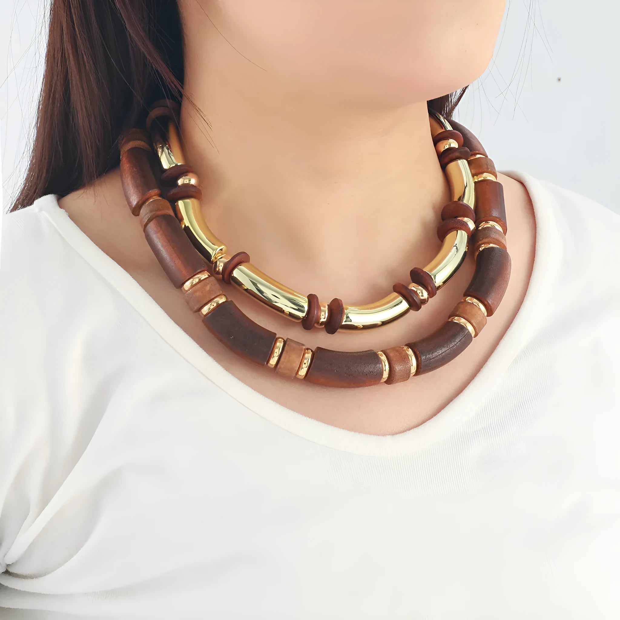 Women's multi-layer wooden necklace and bracelet set with alloy construction and European styling