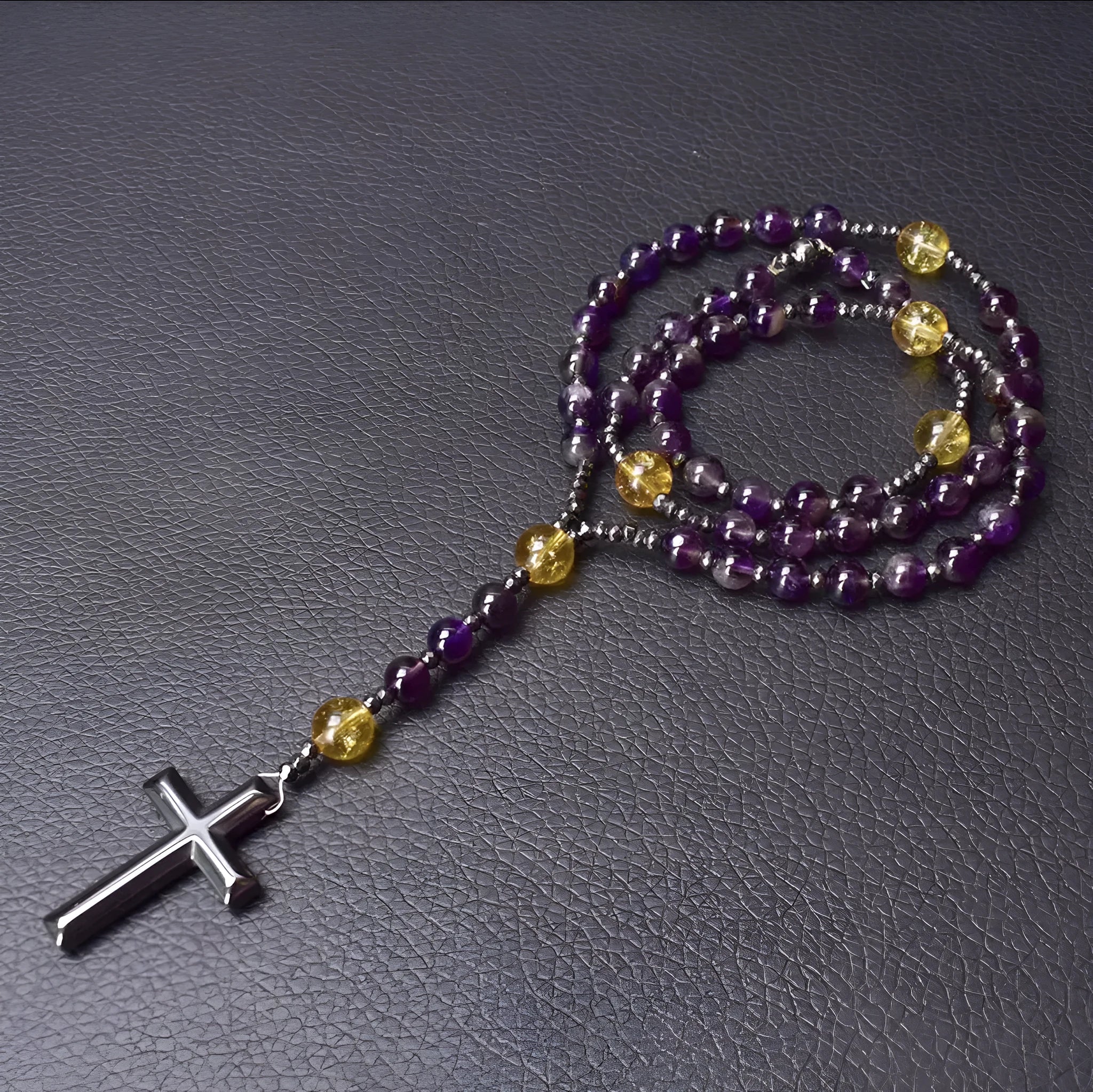 Men's stone geometric cross pendant necklace on an 80cm ball bead chain