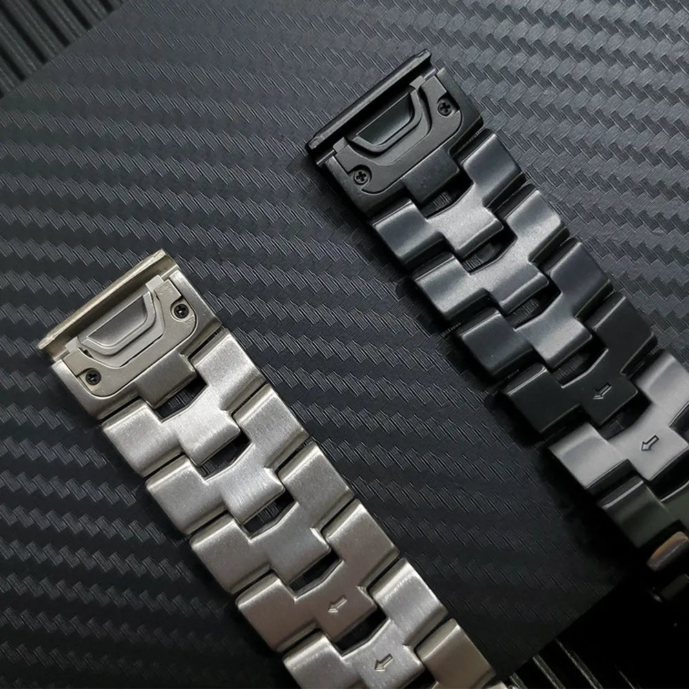 Garmin Jiaming Fenix compatible metal watch strap in black, silver, and titanium colours showing 22mm and 26mm width options