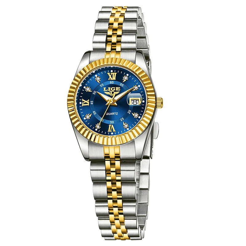 Women's waterproof quartz watch with stainless steel case in gold and silver colour variations