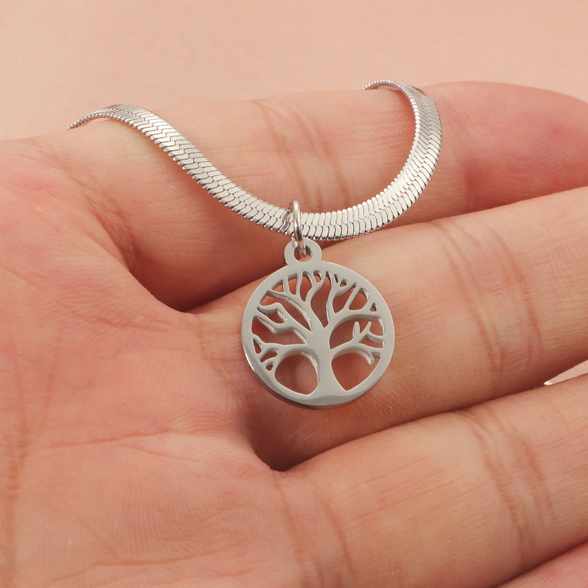 Stainless steel lucky tree pendant necklace on adjustable snake bone chain