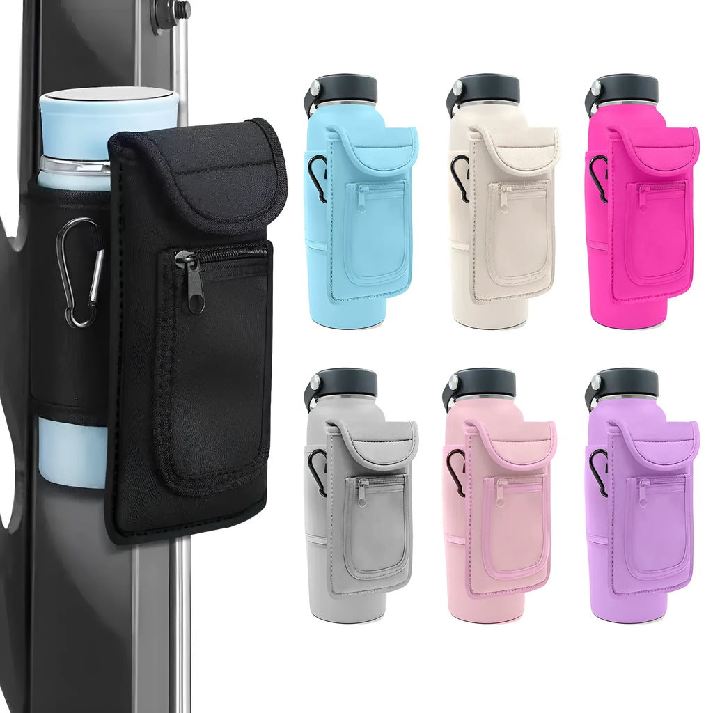 Cloth fitness bottle sleeve with magnetic closure and carabiner option in multiple colours