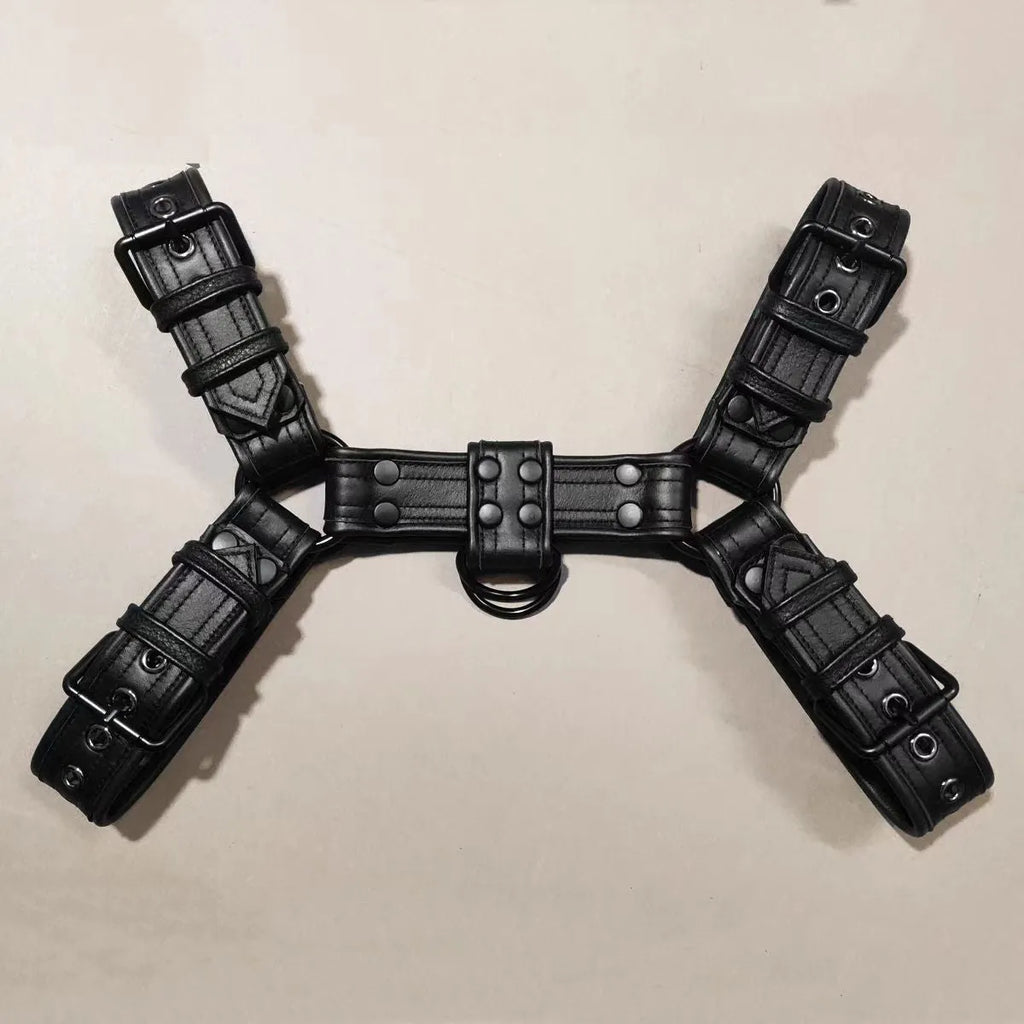 Black leather chest muscle bondage strap with metal buckle adjustment for adult costume wear