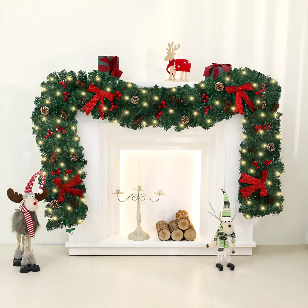 Christmas rattan decoration with PVC pine cone bow, available with optional LED lighting in warm white or coloured variants.