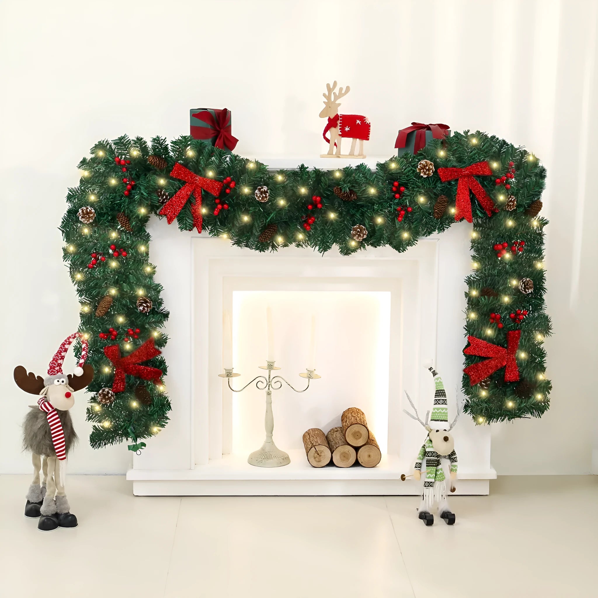 Christmas rattan decoration with PVC pine cone bow, available with optional LED lighting in warm white or coloured variants.