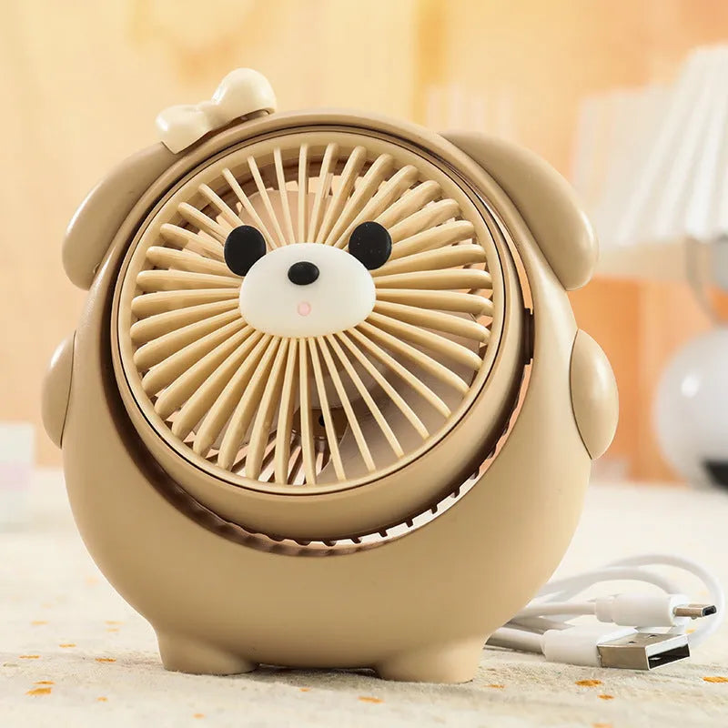Cute dog-themed USB desk fan for pets with three speed settings on a desktop