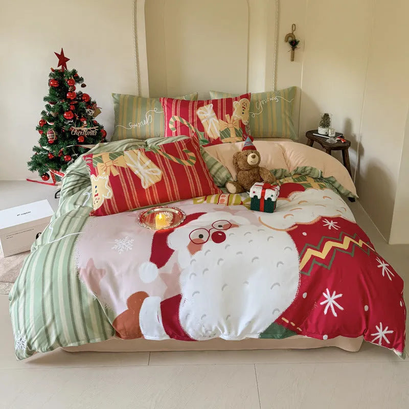 Christmas bedding four-piece set with cartoon print including sheet, quilt cover and pillowcases