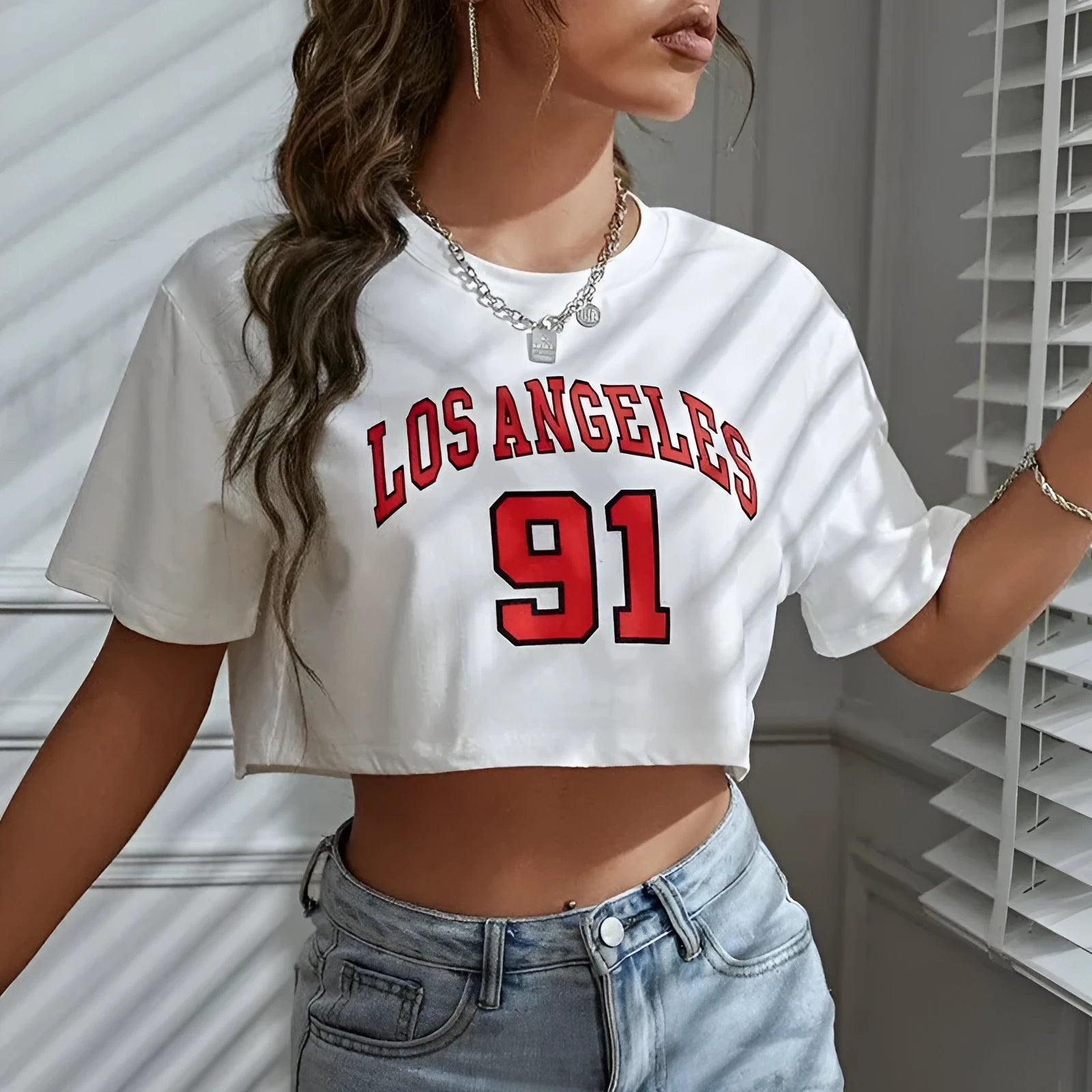 Women's personalised English letters summer t-shirt with exposed navel design in loose cotton fabric