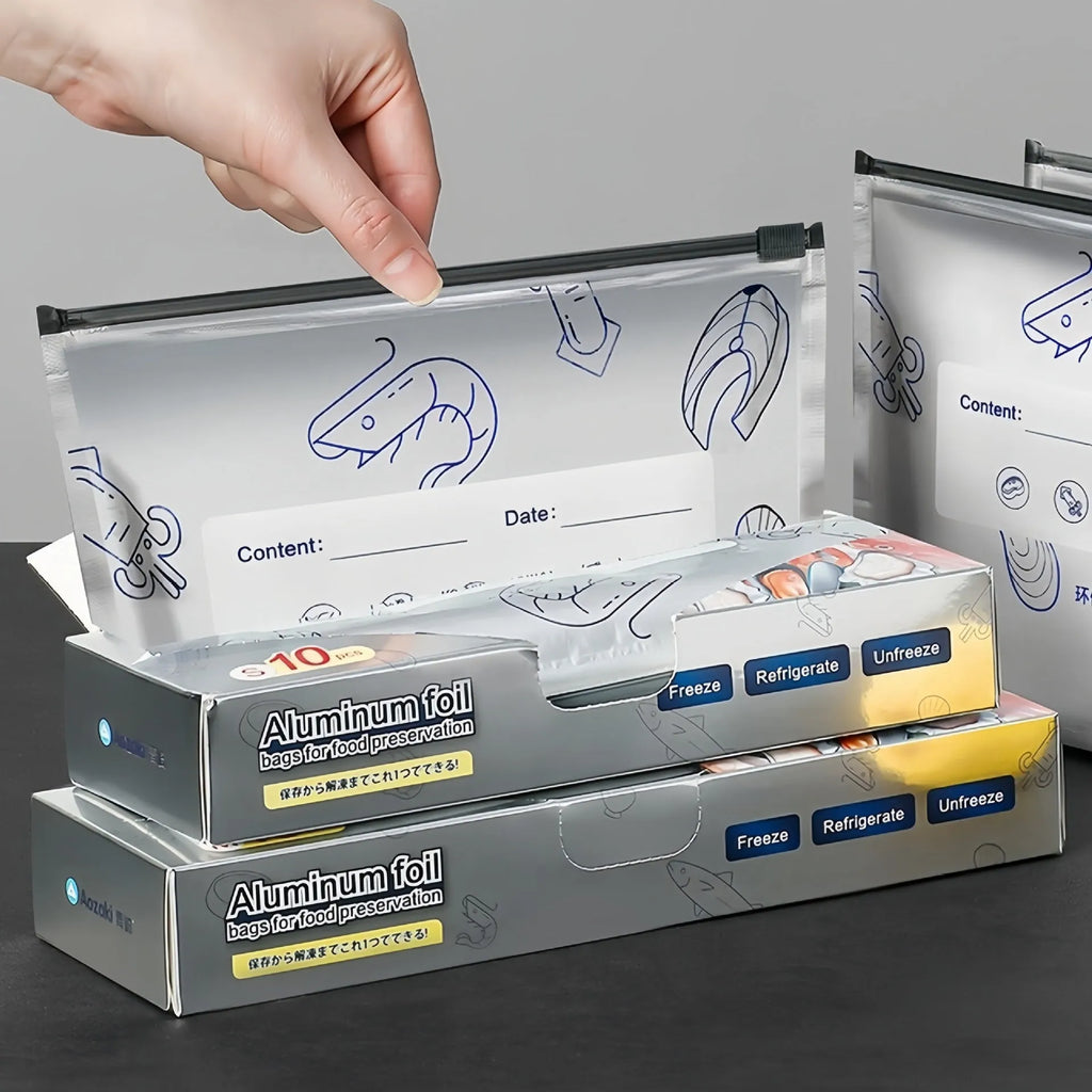Aluminium foil sealed storage bags in three sizes: small 20×13cm, medium 23×17cm, and large 26×29cm