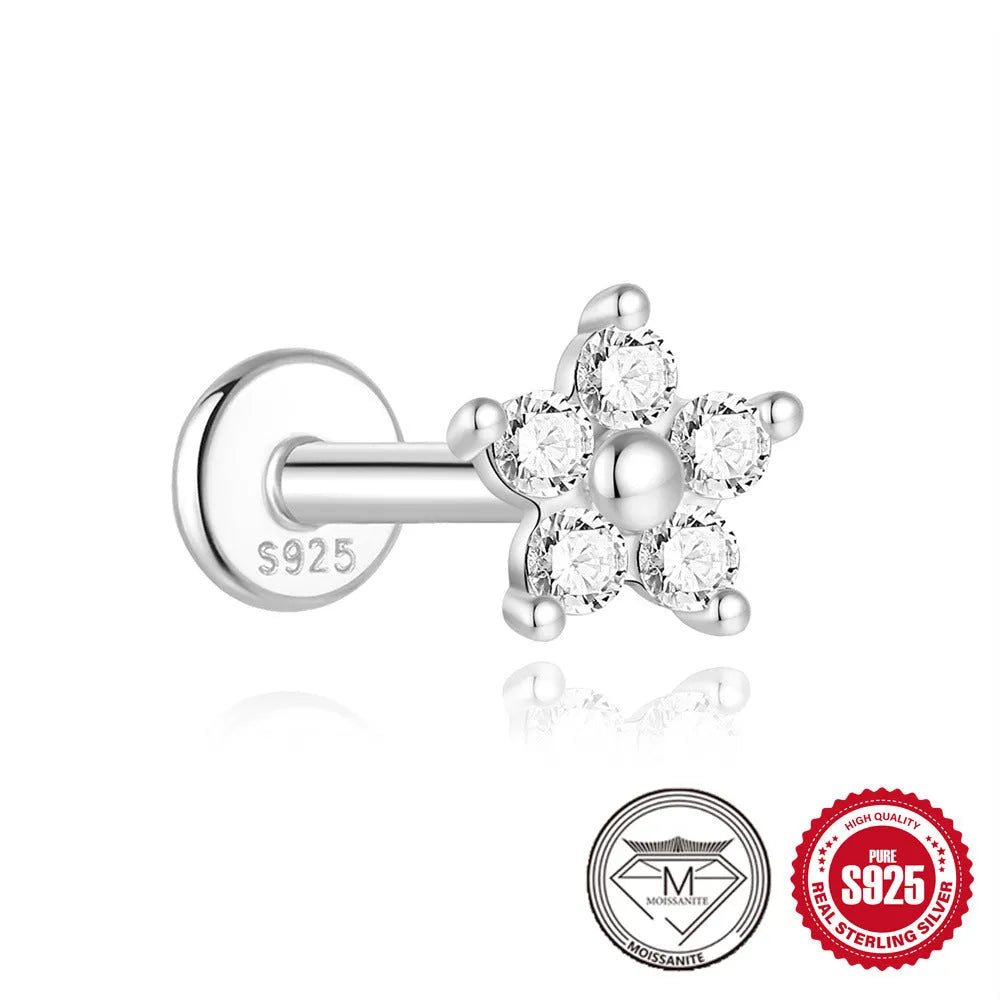 Sterling silver petal diamond stud earrings with geometric debris design and ear clip back