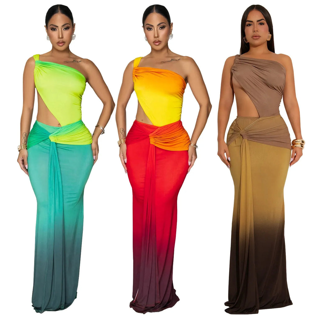 Women's long gradient colour dress with cross-shoulder sleeveless design and a high-waisted one-step skirt.