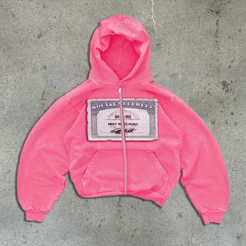 Unisex loose fit polyester hooded zip jacket with letter print and zipper pockets