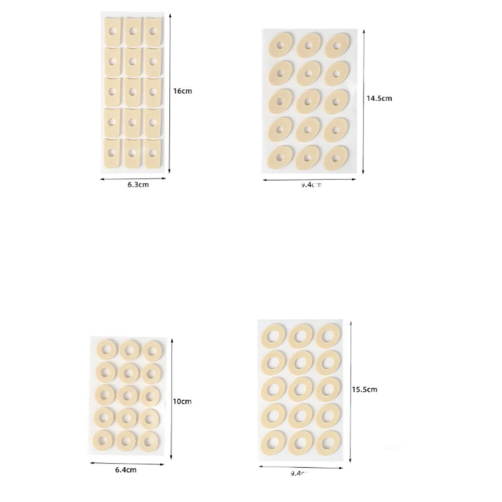 Pack of women's lightweight PU heel corn protector pads showing large oval, small oval, U-shaped, and circular section shapes.
